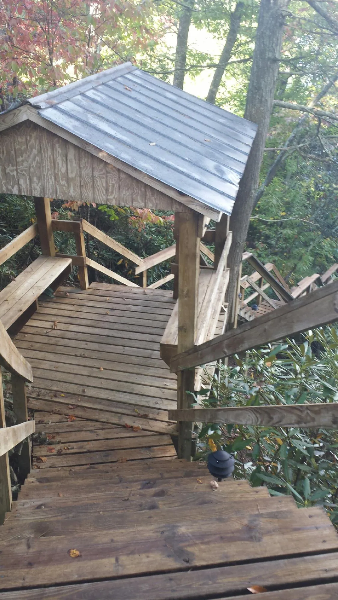Metal roofed shelter over wooden steps on a wooded walkway — Skylight Repair & Installation work by our crew in Cedar Creek
